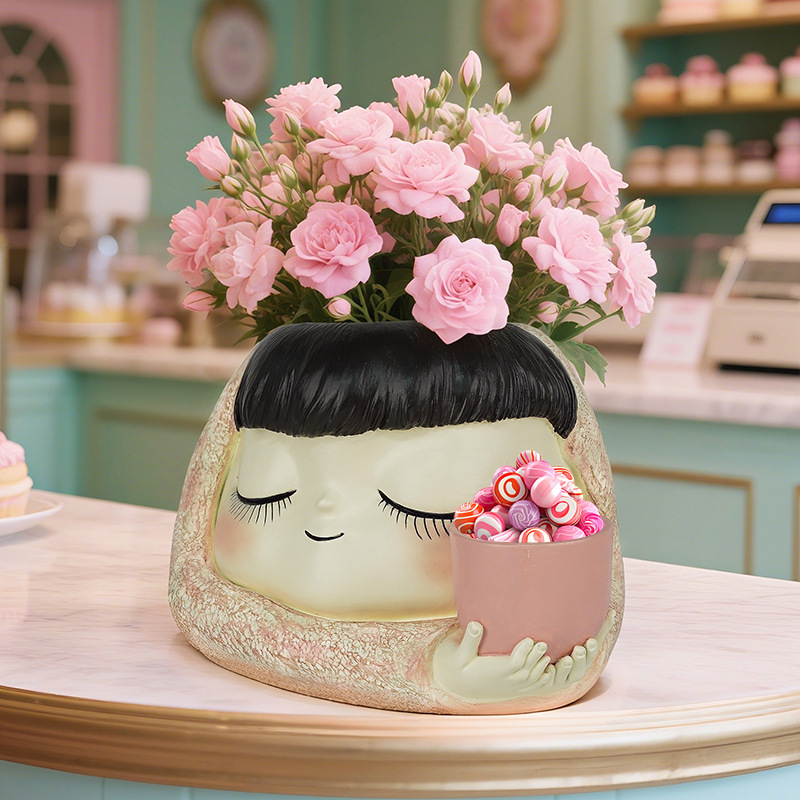 Hot-Selling Nordic Ins Style Sleeping Girl Holding Cup Double-Hole Flower Pot Home Desktop Creative Resin Decoration