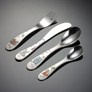 Customized 304 stainless steel high temperature sticker baked flowers children's Western tableware knife, fork and spoon four-piece set can be put into the dishwasher