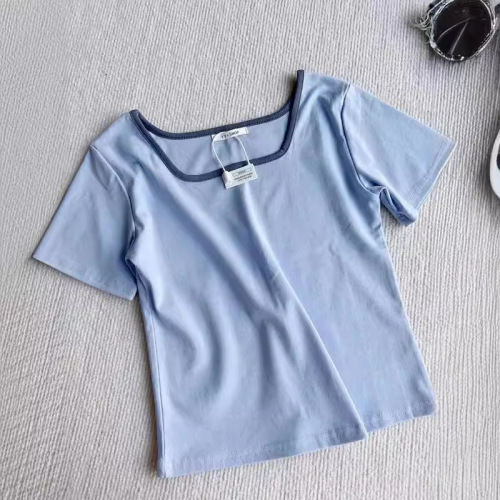 Square collar straight shoulder T-shirt for women's short-sleeved summer new slim and versatile short navel-exposed ins top trendy