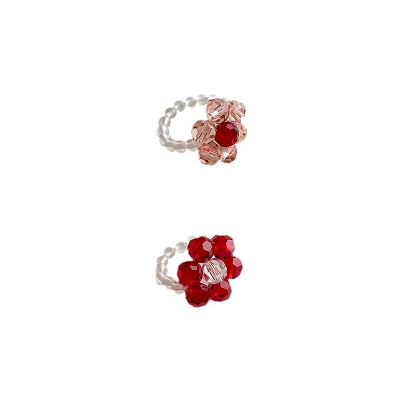 Handmade Woven Flower Ring, Retro Cute Beaded Ring, Clear Bead Band, Floral Charm