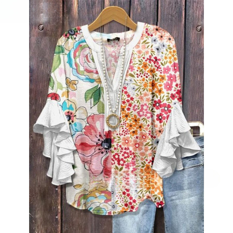 跨境独立站新款创意花卉元素印花休闲潮流领荷花边恤女上衣