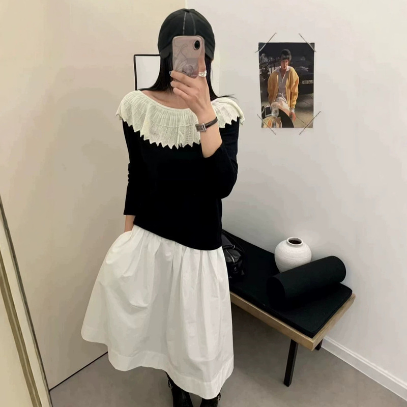 Dalan Source Sweater Factory French-Style Ruffled Off-Shoulder Knit Sweater for Women, New Autumn Design Long-Sleeve Top