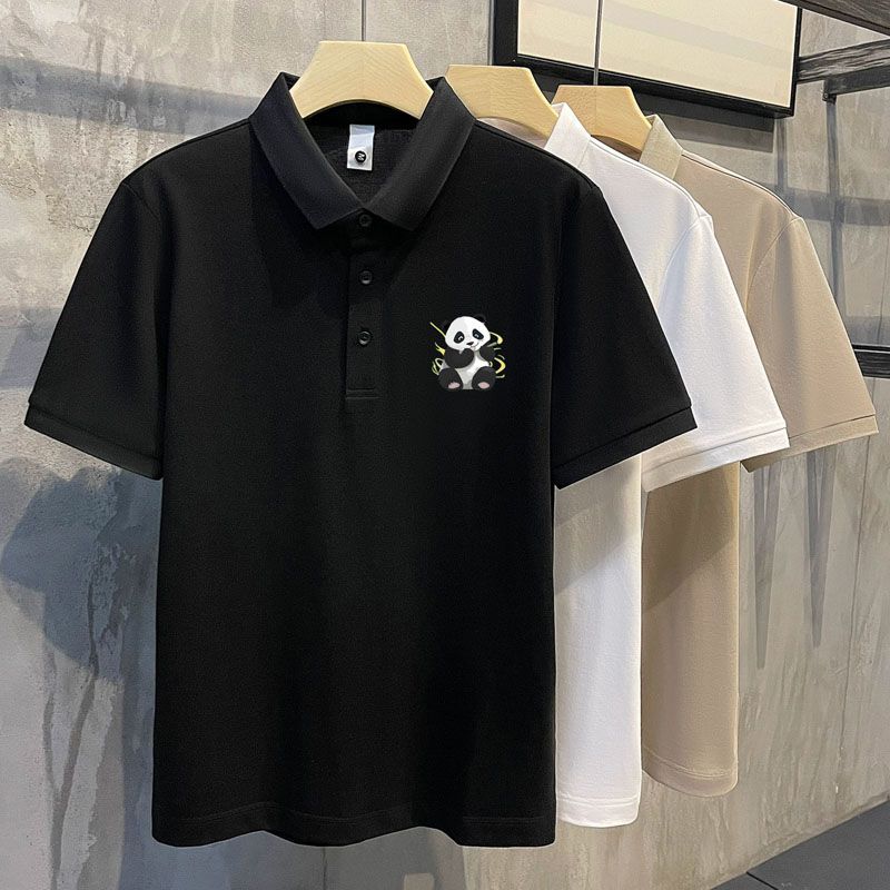 潮流痞帅抽象小熊猫印花翻领polo衫男夏季新款透气珠地棉短袖上衣