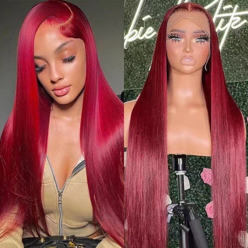 Cross-border hot sale wine red long straight hair wig European and American ladies Daily natural front lace wig head cover