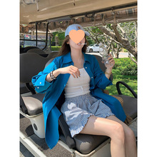 蓝色polo领长袖防晒衬衫外套女装夏季2024新款休闲宽松中长款上衣