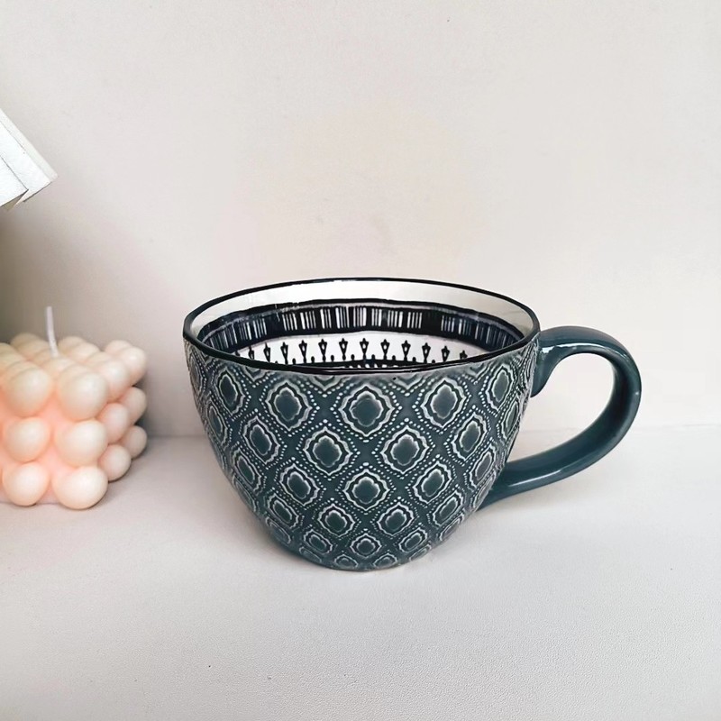 小清新北欧風陶磁器手描きカップオート麦牛乳コーヒーカップ模様彫刻カップ個性電子レンジ微瑕|undefined