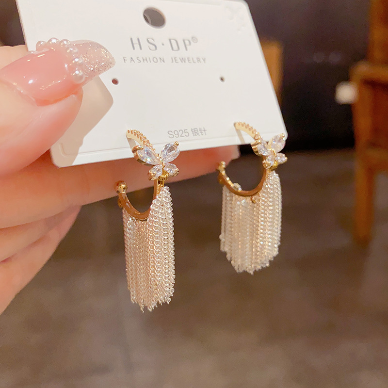 1 Pair Quantity Holiday, Daily Occasion 1 Pair Lady Butterfly Tassel Plating Inlay Copper Zircon Drop Earrings