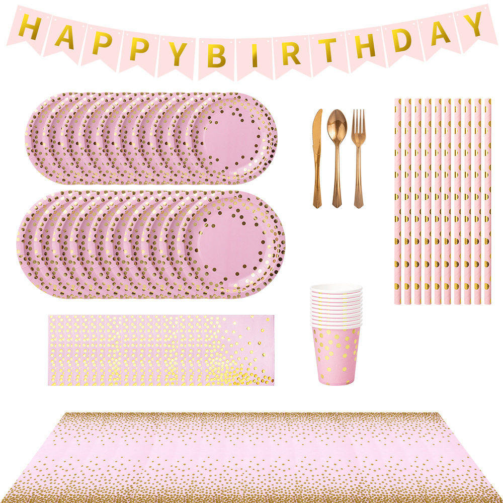 Cross-border bronzing small polka dot pink tableware package paper cup paper plate paper towel knife fork spoon disposable party decoration factory