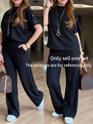 Women's Casual Two-Piece Set, Solid Color Loose Fit Lounge Wear, Comfortable Long Sleeve Top And Trousers Outfit_ecoleips.com