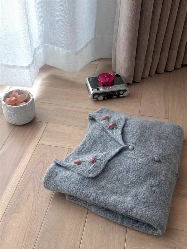 森系甜美风领口手工立体钩花小翻领针织开衫宽松毛衣外套上衣女秋|undefined