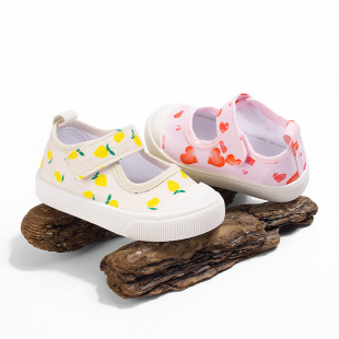 Spring New in stock Velcro Girls Shallow Mouth Canvas Shoes Casual Love Powder Baotou Kick-proof Children's Square Mouth Shoes
