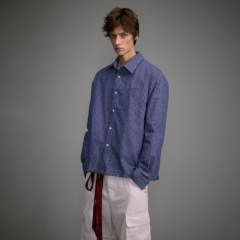 Beijie Men's American Style Fashion Brand 2025 Spring New Retro Hair Edge and Silk-drawing Blue and White Plaid Shirt Men's Shirt