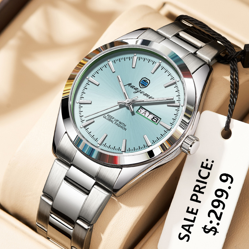Paazomu European and American Cross-Border Stainless Steel Men's Watch Dual Calendar Waterproof Luminous Quartz Watch Live Broadcast Foreign Trade Hot Product