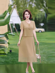 Middle-Aged Mother's Summer Dress, New Chinese Style Fake Two-Piece Dress, Mother's Day New Short-Sleeved Style Belly-Covering Skirt
