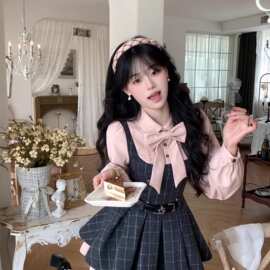 假两件学院风格纹小个子连衣裙女春秋新款感气质收腰显瘦短裙