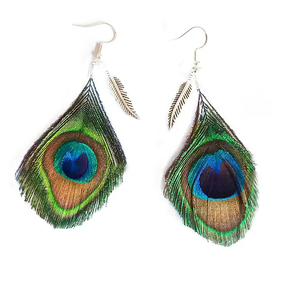 Retro ethnic style peacock feather earrings European and American Foreign Trade Amazon cross-border hot sale metal feather natural feather