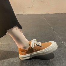 一脚蹬半拖帆布鞋女新款春季外穿软底板鞋系带潮平板贝壳头小白鞋