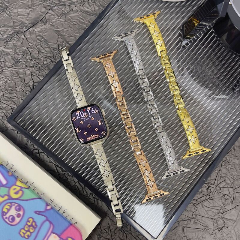 Four-Leaf Clover Diamond-Encrusted Metal Bracelet Watch Band Suitable for Apple Watch Iwatch11 Generation 987654Ultrase