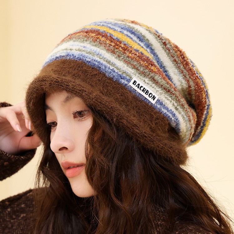 Cappello invernale da donna in maglia a blocchi di colore, stile coreano, stile retrò, con protezione per le orecchie, versatile e caldo, a righe_voghion.com