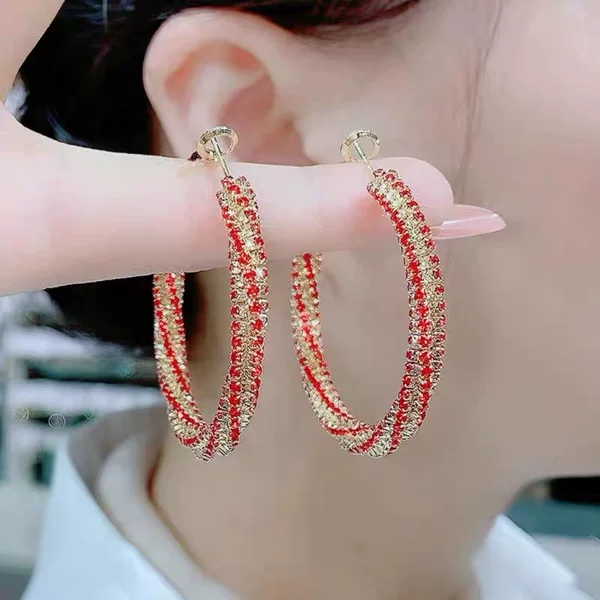 High-End Hoop Black and Red Full Diamond Gold Hoop Earrings for Women Retro Fashion Spiral Light Luxury Atmospheric Ear Jewelry