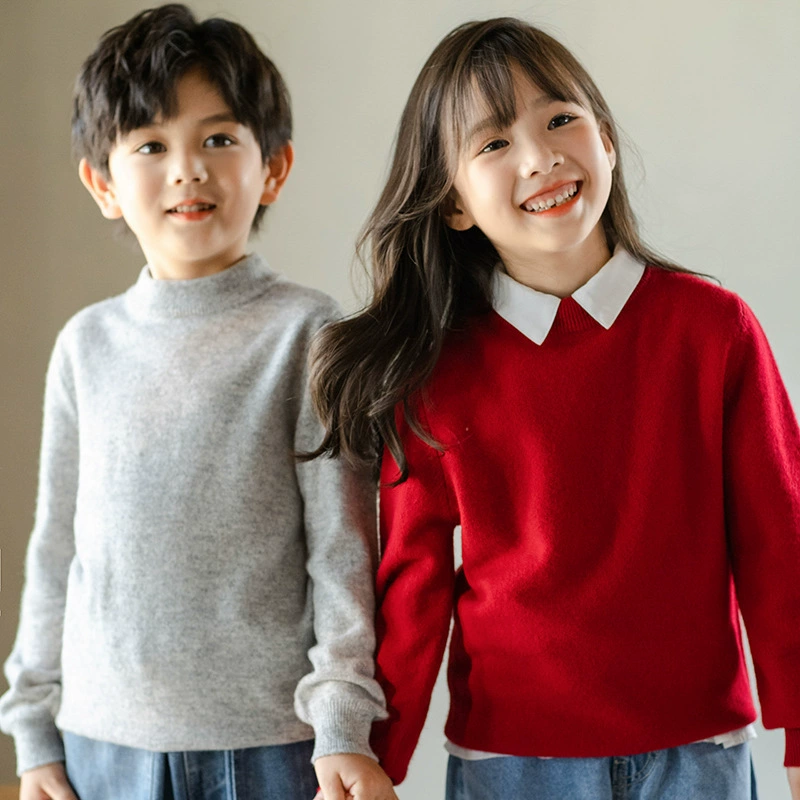 100 шерстяные свитера вязаные нижний свитер для мальчиков и девочек полукруглый свитер для детей пуловер ребенок сплошной цвет большой детский свитер