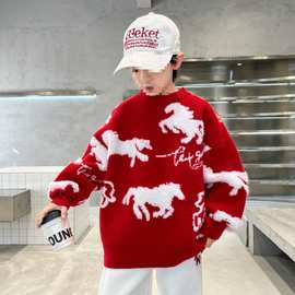 2025新款冬季新年系列男女童红色马纹毛衣保暖舒适过年上衣马图案