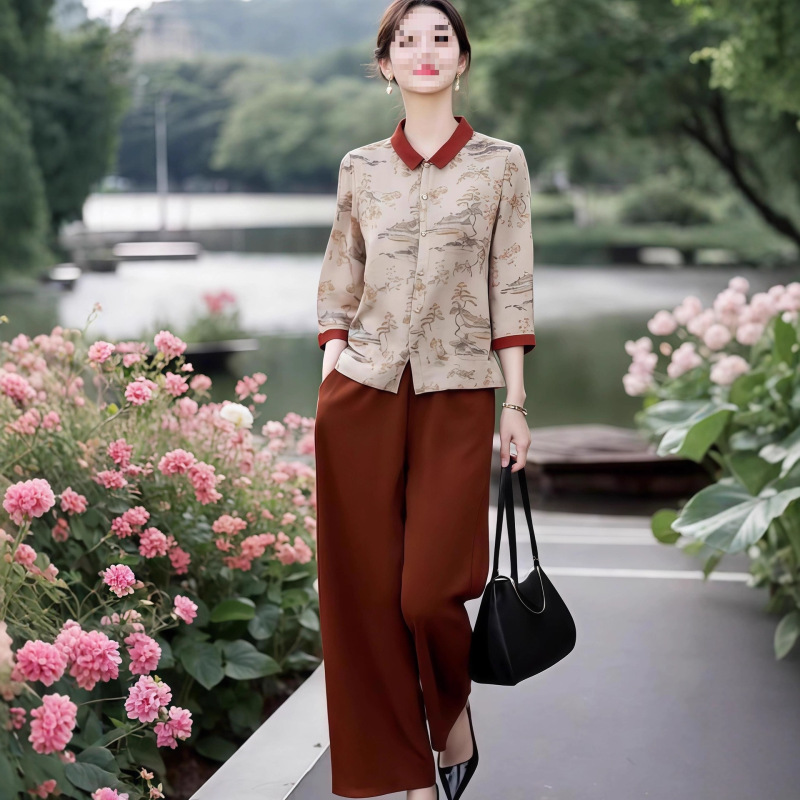 中年妈妈时尚复古国风高级感撞色翻领上衣两件套阔腿裤套装秋季女|undefined