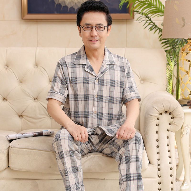 Papá pijamas de verano de algodón para hombres de manga corta delgada de verano pantalones largos de media manga para hombres de mediana edad set de ropa para el hogar