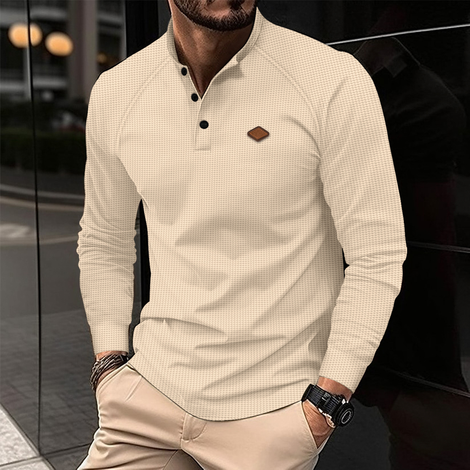 2024 Waffel Herbst/Winter Neue männer Hemd Mit Einfarbig Polo Kragen Langarm Sport_voghion.com