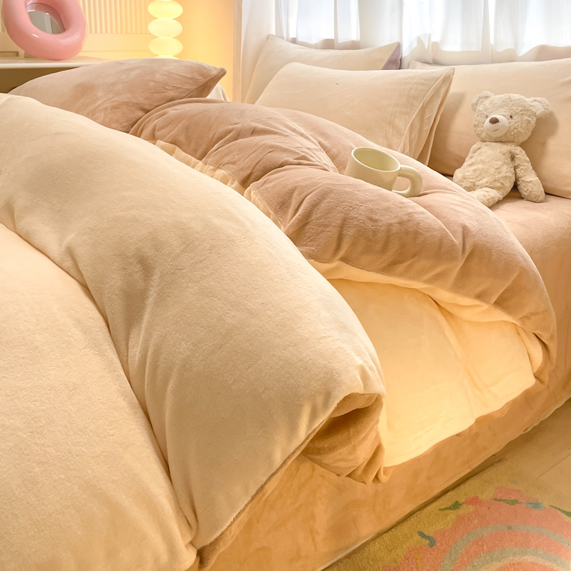 Color sólido otoño invierno leche de lana de cuatro piezas de lana de coral cama de lana de tres piezas de lana de invierno más grueso nuevo estilo de franela