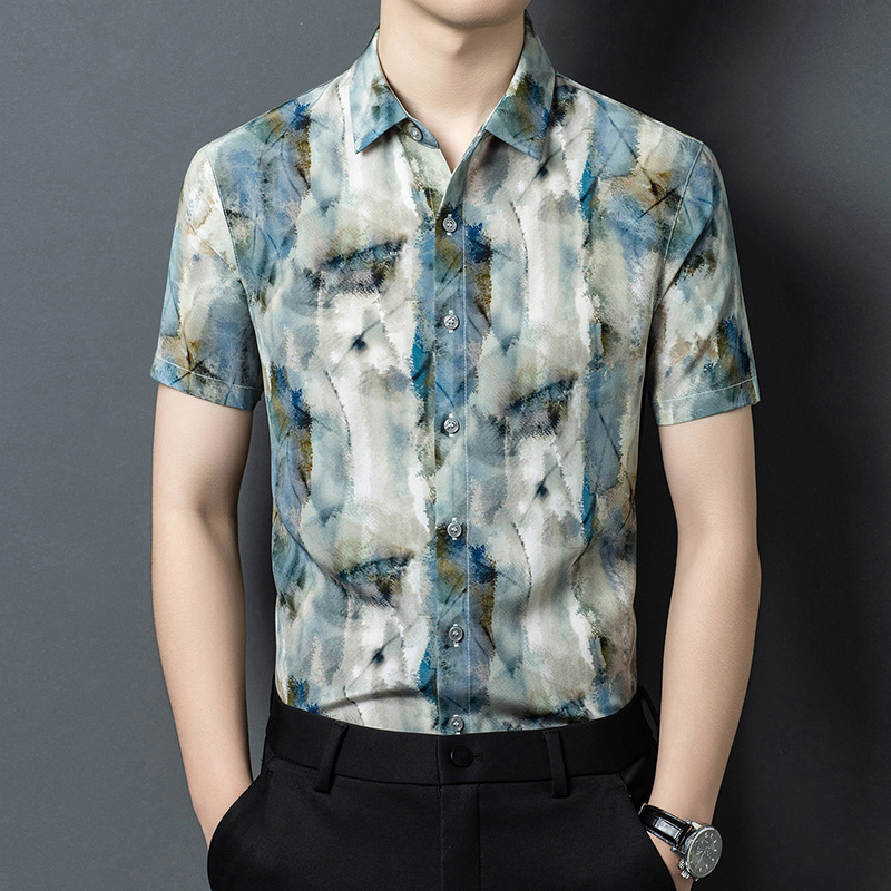 High-End Brand 100% Mulberry Silk Short-Sleeve Shirt for Men, Silk Half-Sleeve Top with Ink-Style Floral Design, Chinese Style