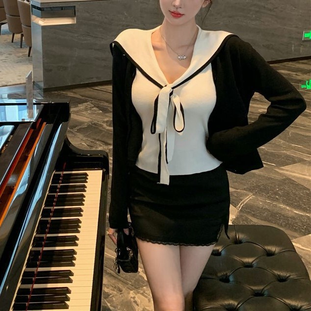 Sweet and Spicy College Style Vest Top Women's Navy Collar Sleeveless with Shawl for Autumn Knitted Top