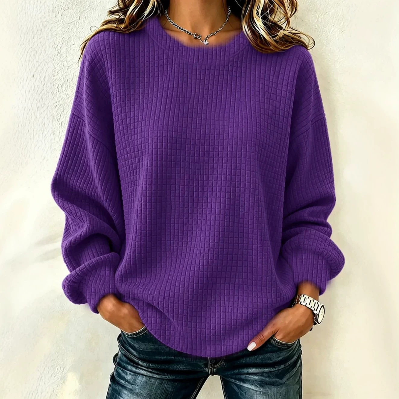 2026 Independent Brand European and American Fashion Waffle Pattern Women's New Loose Casual Autumn Winter Long Sleeve Round Neck Sweatshirt 3