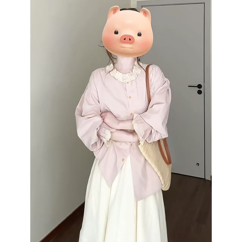 温柔风木耳边喇叭袖宽松衬衫上衣女早春高腰蕾丝边半身长裙两件套|undefined