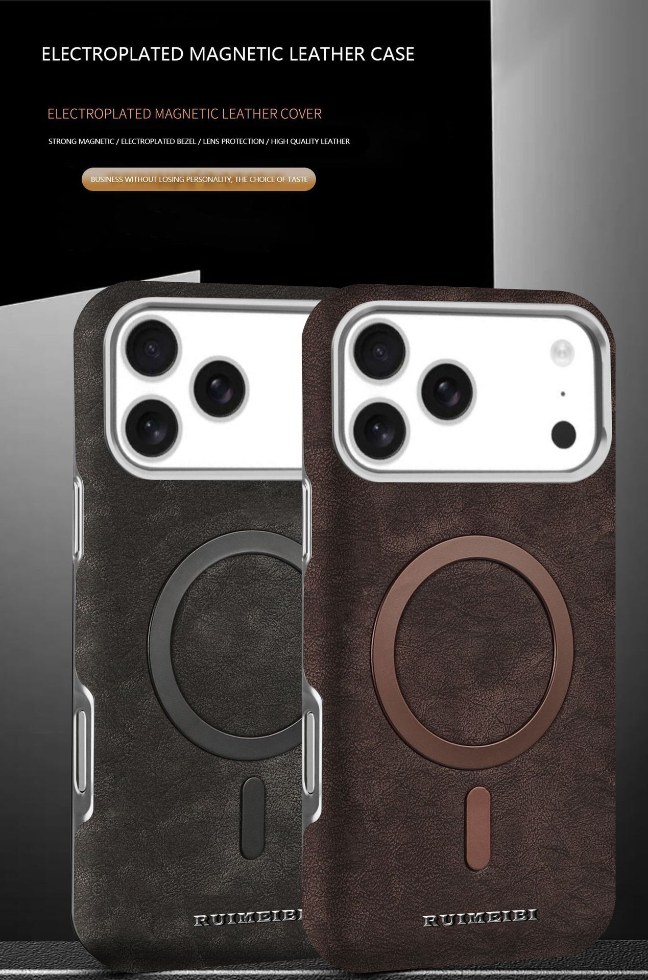 Ốp lưng da cao cấp từ tính cho iPhone 17 Pro Max, thiết kế mạ điện sang trọng — Đen quý phái, Xanh lam quý ông, Nâu thanh lịch, Nâu mocha chi tiết 3