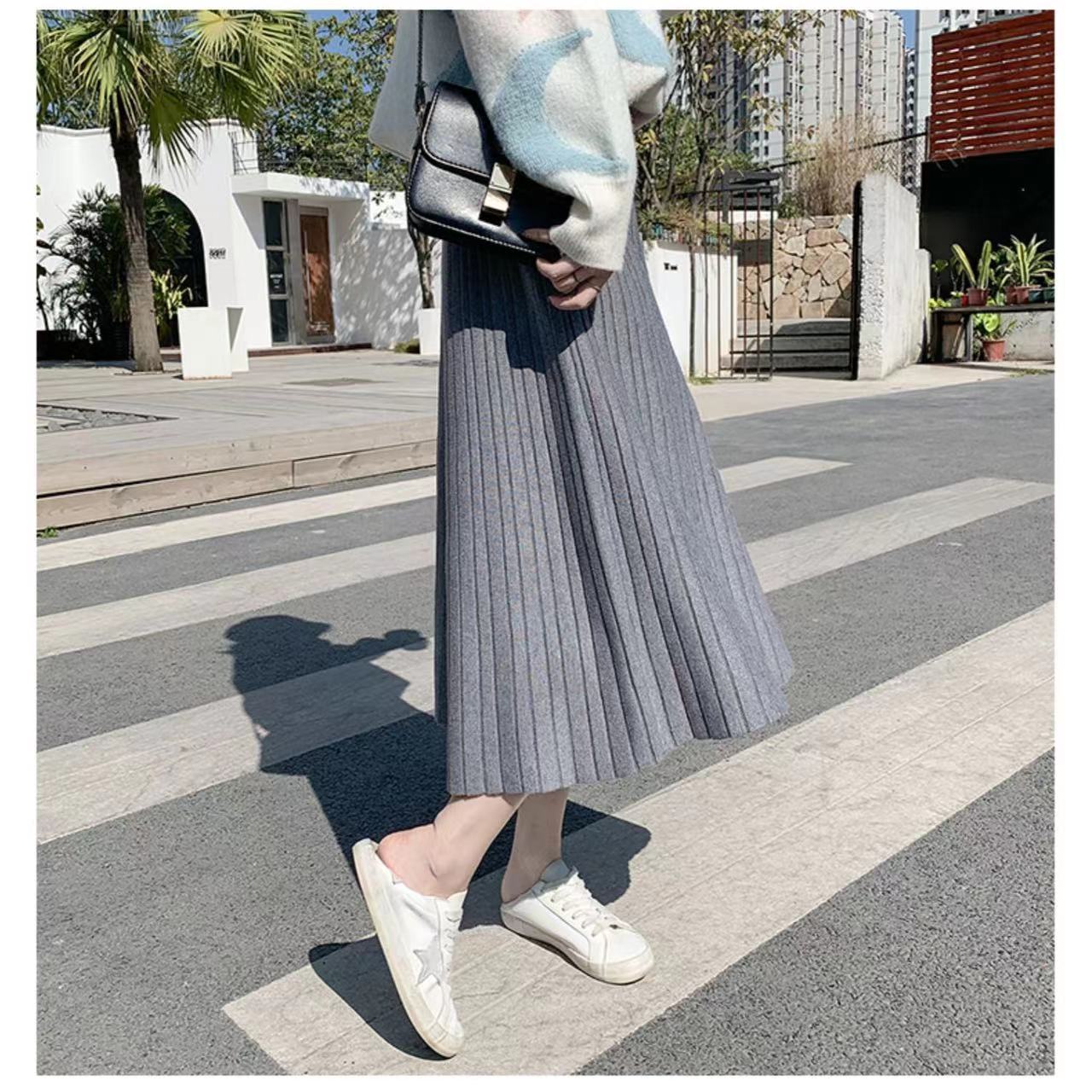 High-Waisted A-Line Skirt – Flared Midi Pleated Skirt (Black/Gray/Beige/Khaki, One Size)_ecoleips.com