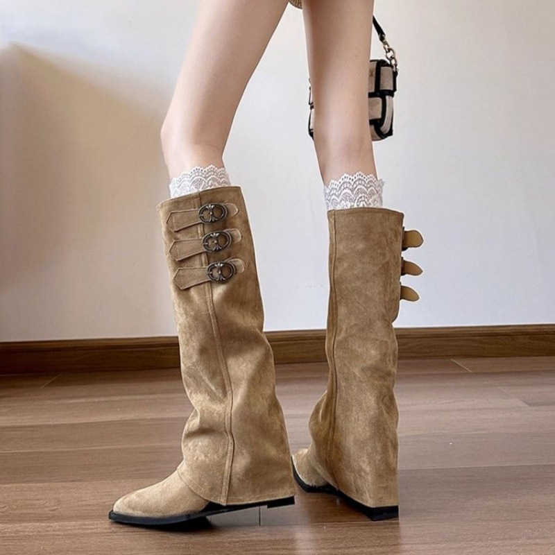 Women's Pointed Toe Wedge Boots with Hidden Height Increase, Knee-High Riding Boots with Stacked Cuffs Women's Pointed Toe Wedge Boots with Hidden Height Increase, Knee-High Riding Boots with Stacked Cuffs