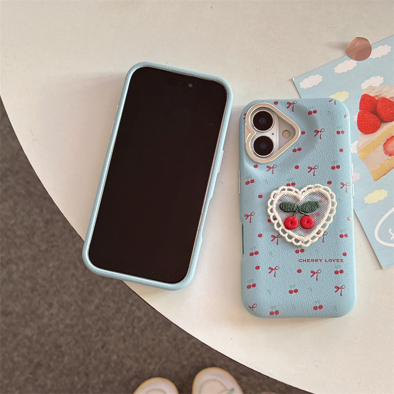 Bordado de cuero con lazo de cereza para iPhone16promax Advanced Sense Apple 15pro/14 Nuevo