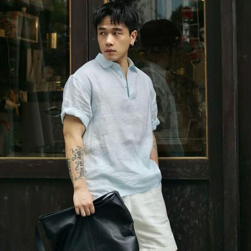 藏青色冰丝亚麻短袖POLO衫男士夏季薄款高级感老钱风宽松半袖上衣|undefined