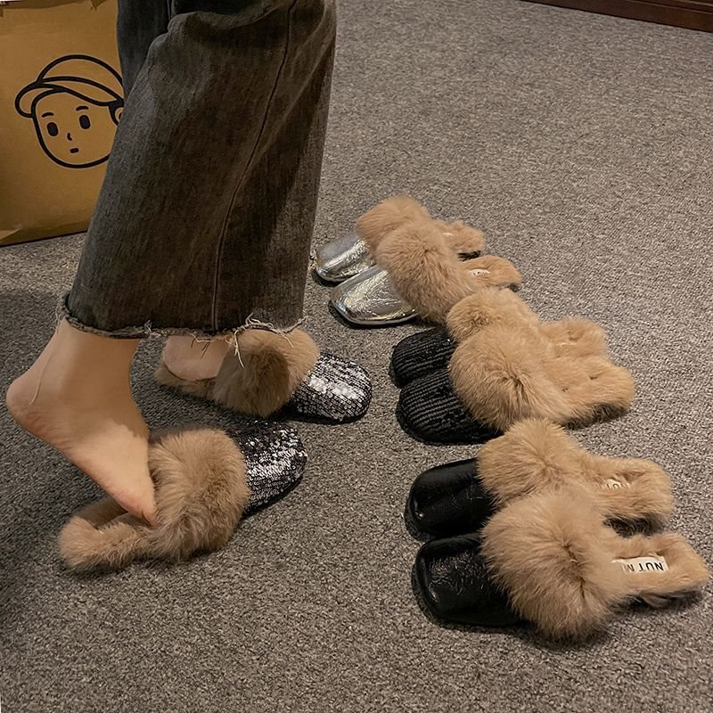 Sequined Casual Mules for Women, Autumn and Winter 2026 New Style, Closed-Toe Slip-On Flat Fur Shoes Sequined Casual Mules for Women, Autumn and Winter 2026 New Style, Closed-Toe Slip-On Flat Fur Shoes