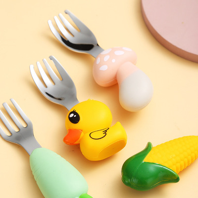 new pattern Cartoon Mushroom children 304 Stainless steel Silicone Spoon tableware Brachypodium baby Having dinner train Fork spoon Complementary food