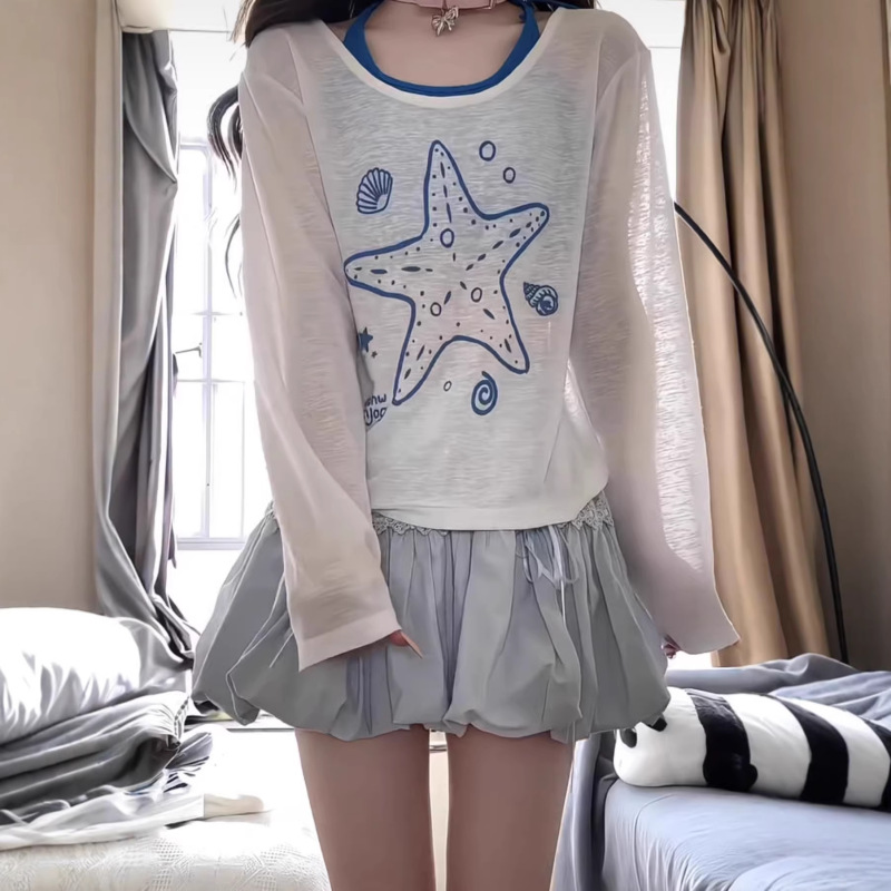 Korean-Style Lazy Style Outfit: White Long-Sleeve T-Shirt for Women, Spring and Summer Inner Wear, Layered with a Small Camisole, Two-Piece Top Set