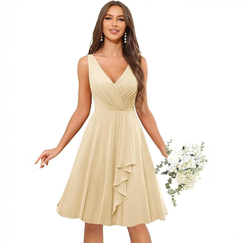 European and American Style Short Bridesmaid Dress, Sleeveless, High-Waisted, Slimming, Flattering, Suitable for Wedding, Sister Group, Graduation Photos, Coming-Of-Age Ceremony, and Everyday Wear