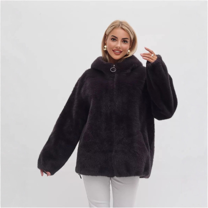 Cross-Border Women's Eco-Friendly Fur Plush Jacket Winter Zipper Hooded Cardigan Fur Coat Windproof Warm Sweatshirt