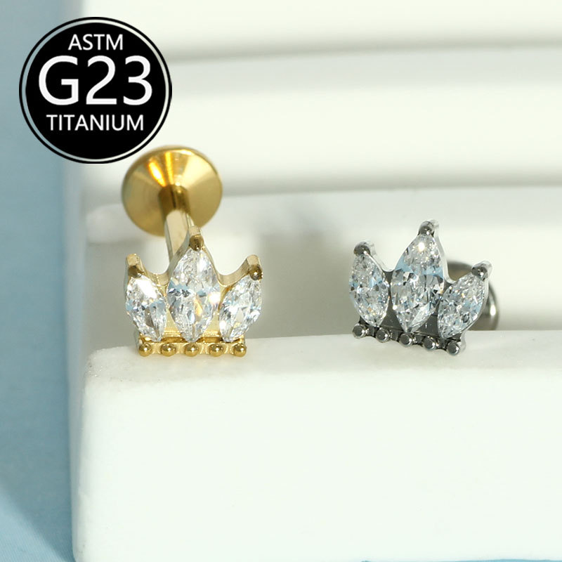 G23 Titanium Marquise CZ Crown Lip Labret Stud Internally Threaded Piercing Jewelry detail image 5