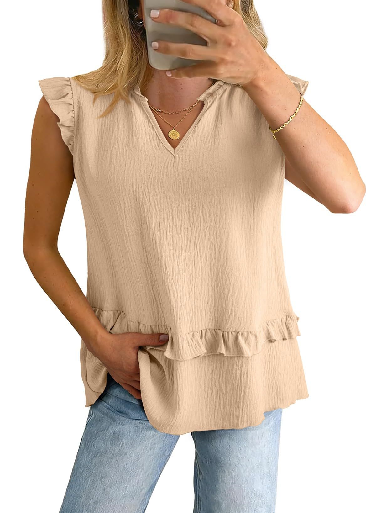 Women's Sleeveless V-Neck Blouse With Ruffle Trim, Flowy Relaxed Fit Casual Shirt For Summer ​Versatile And Easy To Wear_ecoleips.com
