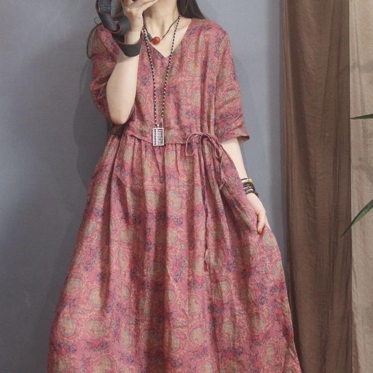 Pick up Missing Women's Clothing Export Counter Women's Ramie Ethnic Style V Neck Dress Three-Quarter Sleeve Mid-Length Skirt