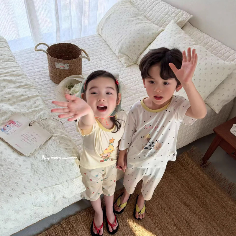 Children's Summer Home Wear New Style Boys' and Girls' Three-Quarter Sleeve Modal Cartoon Air-Conditioning Home Wear Wholesale