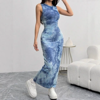 现货欧美2022春夏季外贸女装性感无袖印花中长裙修身背心连衣裙女