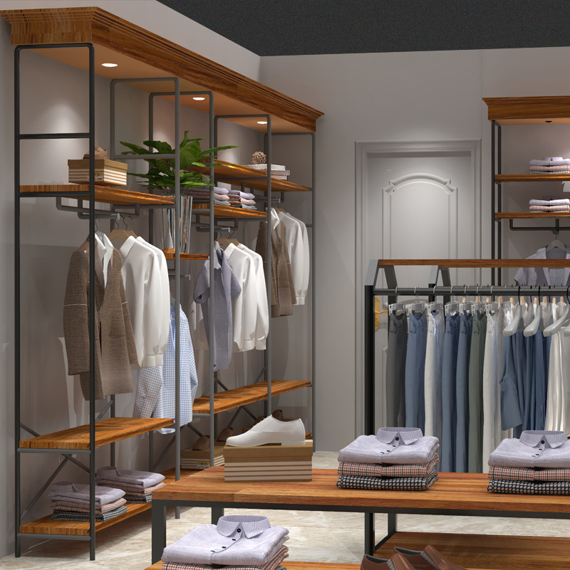 Tienda de ropa para hombres estante de exhibición percha pared montada en el piso Net tienda roja decoración colgante de pared estante para hombres